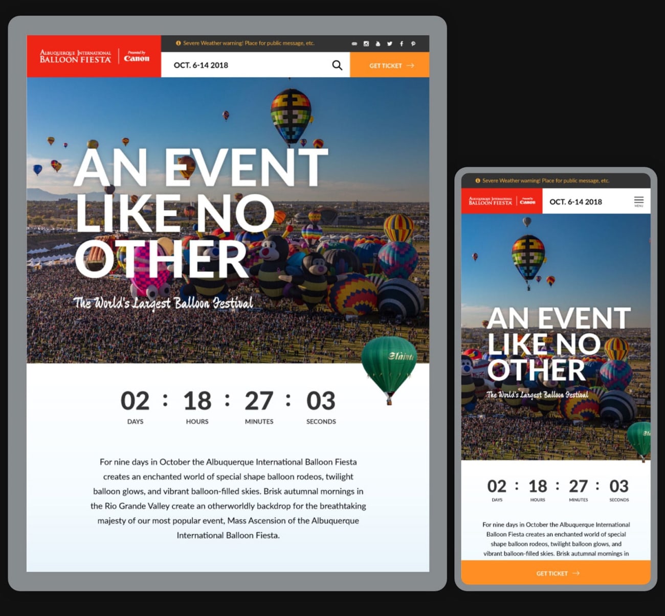 Balloon Fiesta responsive web design on mobile devices