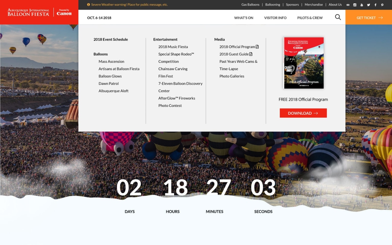 Balloon Fiesta website menu development