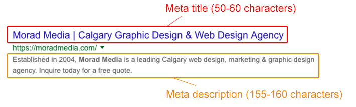 SEO metrics example of a meta title and description