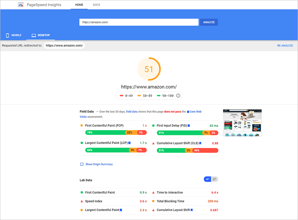 Website health check PageSpeed Insights