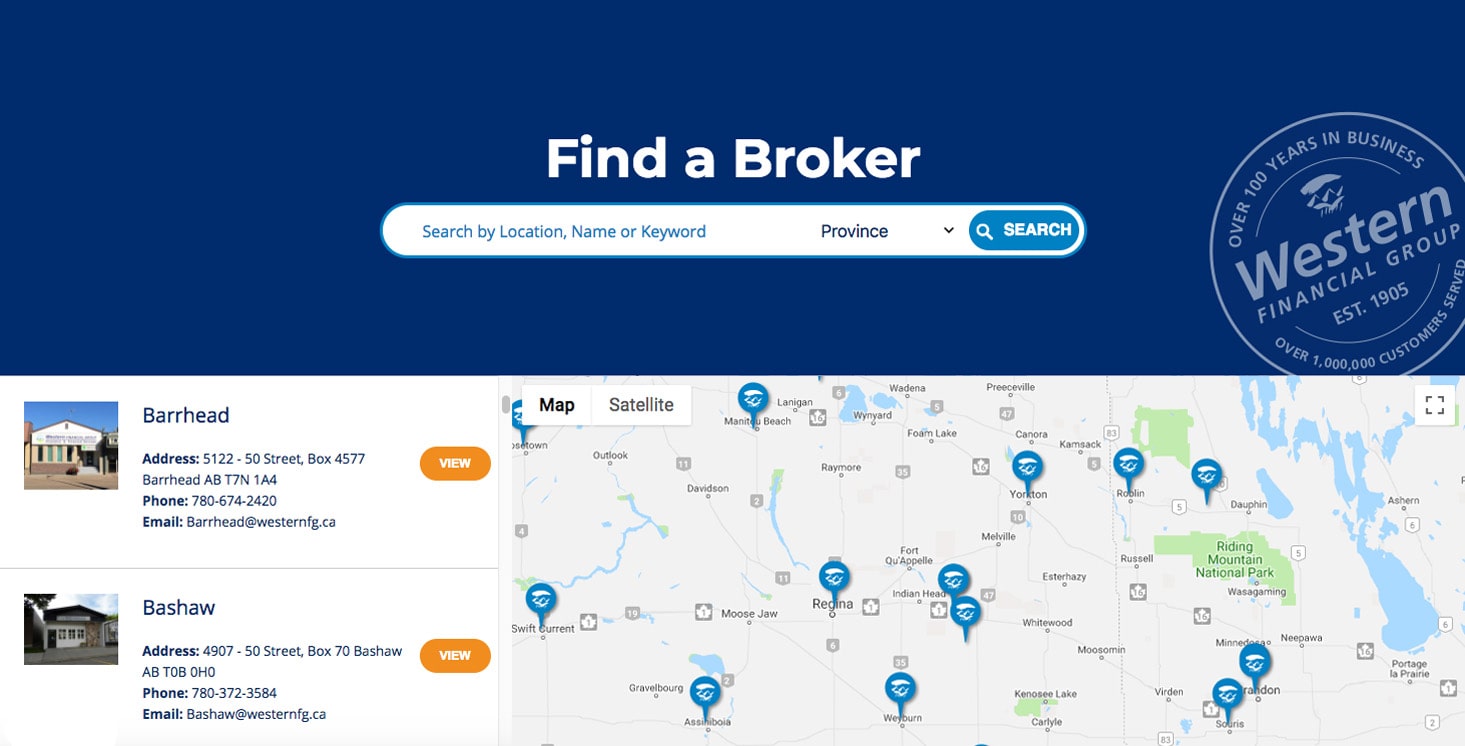 Western Financial Group website's find a broker page